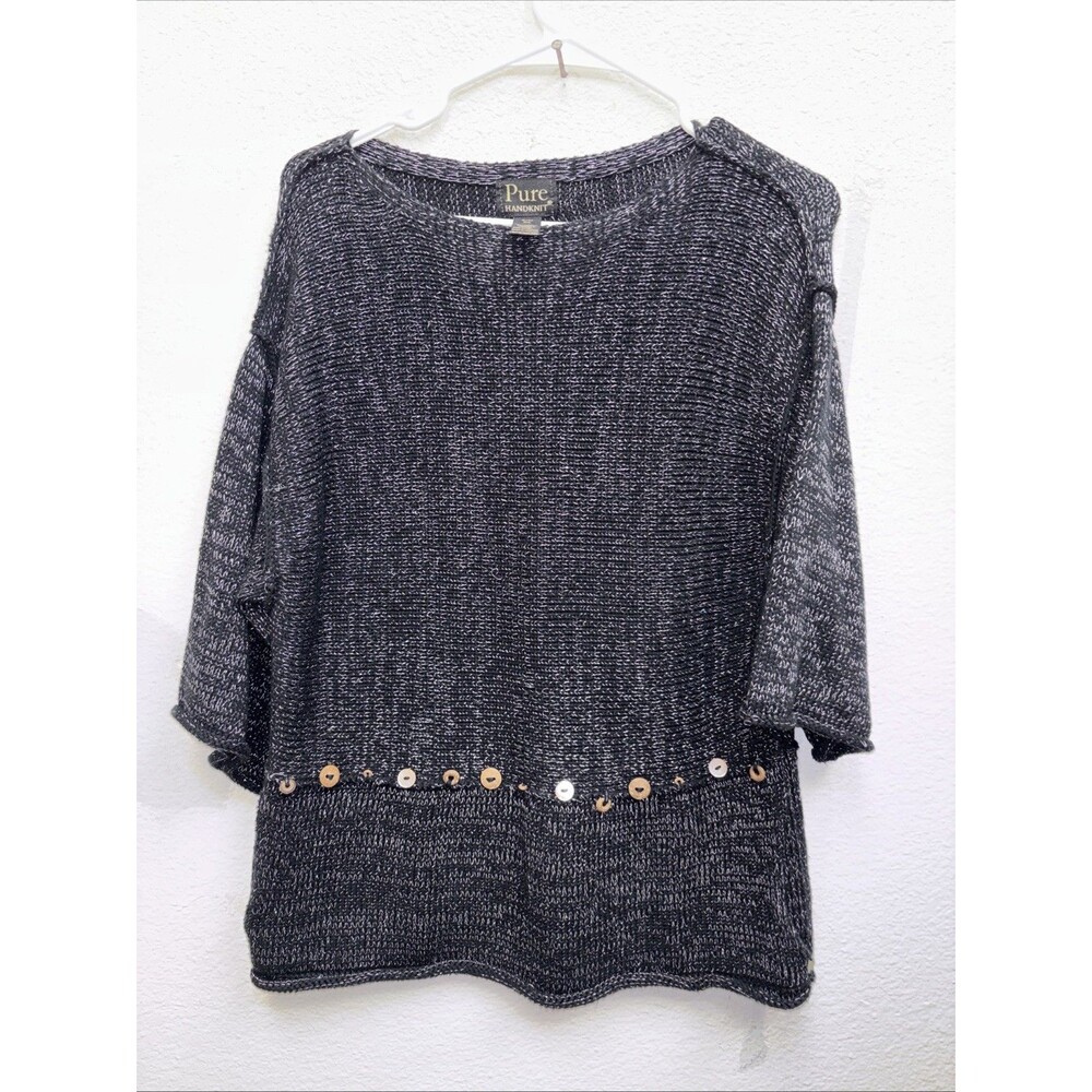 Pure Handknit Collection Sweater M L Black Metallic Silver Buttons Pullon Cotton